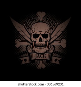 Jolly Roger with crossed sabers and ribbon on a black background.