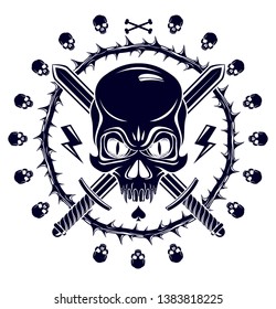 Jolly Roger dead head aggressive skull, Pirates vector emblem or logo with weapons and other design elements, vintage style logo or tattoo.