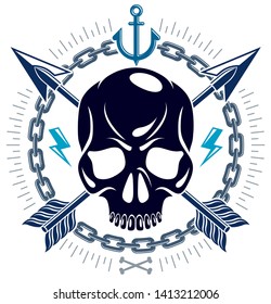 Jolly Roger dead head aggressive skull, Pirates vector emblem or logo with weapons and other design elements, vintage style logo or tattoo.