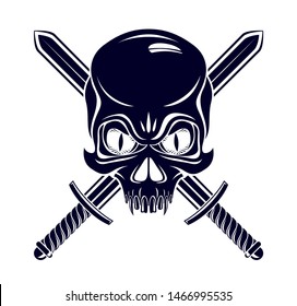 Jolly Roger dead head aggressive skull, Pirates vector emblem or logo with weapons, vintage style logo or tattoo.