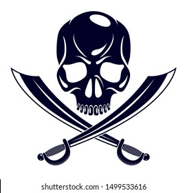 Jolly Roger dead head aggressive skull, Pirates vector emblem or logo with weapons, vintage style logo or tattoo.