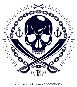 Jolly Roger dead head aggressive skull, Pirates vector emblem or logo with weapons and other design elements, vintage style logo or tattoo.
