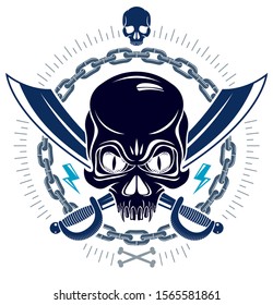Jolly Roger dead head aggressive skull, Pirates vector emblem or logo with weapons and other design elements, vintage style logo or tattoo.