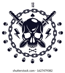 Jolly Roger dead head aggressive skull, Pirates vector emblem or logo with weapons and other design elements, vintage style logo or tattoo.
