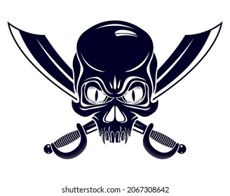 Jolly Roger cabeza muerta cabeza agresiva calavera, emblema vectorial de los Pirates o logotipo con armas, logotipo de estilo vintage o tatuaje.