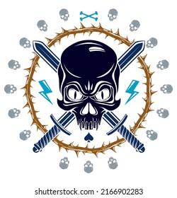 Jolly Roger dead head aggressive skull, Pirates vector emblem or logo with weapons and other design elements, vintage style logo or tattoo.