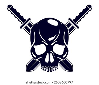 Jolly Roger dead head aggressive skull, Pirates vector emblem or logo with weapons, vintage style logo or tattoo.
