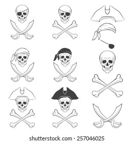 Jolly Roger in different versions. Monochrome vector illustration