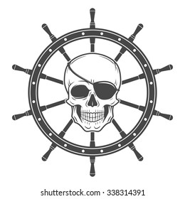 Jolly Roger with eyepatch logo template. Evil skull vector. Dark t-shirt design. Pirate insignia concept.