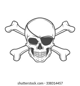 Jolly Roger with eyepatch logo template. Evil skull vector. Dark t-shirt design. Pirate insignia concept.