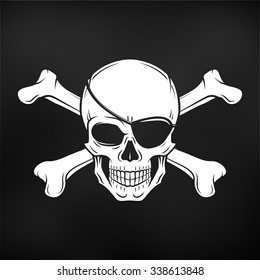 Jolly Roger with eyepatch logo template. Evil skull vector. Dark t-shirt design. Pirate insignia concept.