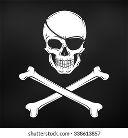 Jolly Roger with eyepatch logo template. Evil skull vector. Dark t-shirt design. Pirate insignia concept.