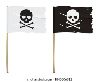 Jolly Roger flag isolated on a white background. Set of white and black torn pirate flags with a skull symbol. Waving vector flag with crossbones emblem, hanging on a wooden pole.