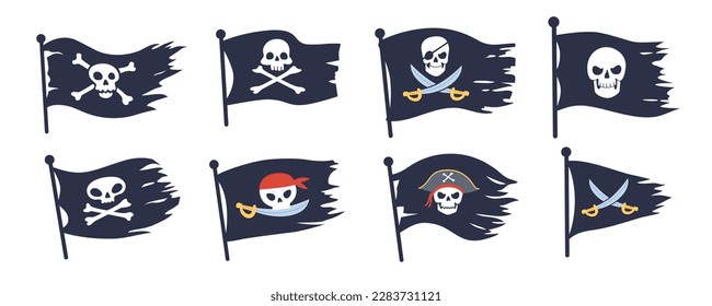 Jolly roger flag. Pirate black flags with skull and crossbones emblem flying on wind for pirates ship nautical travel, piratin skulls bones logo set ingenious vector illustration of black flag pirate