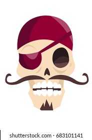 Jolly roger funny cartoon skull isolated on white background. Trendy flat illustration for Talk Like a Pirate Day. Scary character for Halloween postcard. 