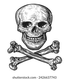 Jolly Roger. Hand drawn human skull with crossbones in vintage engraving style. Sketch vector illustration