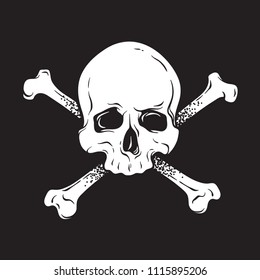 Jolly Roger human skull with crossbones isolated hand drawn vector illustration. Print, logo template, poster, sticker, flash tattoo or t-shirt design