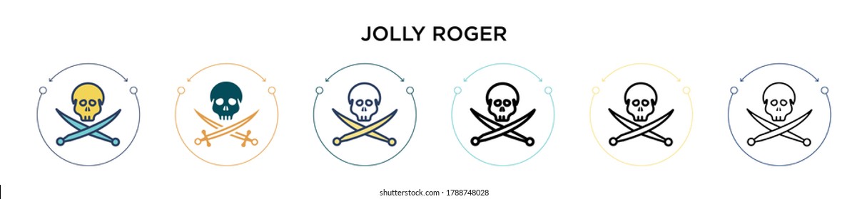 Jolly roger icon in filled, thin line, outline and stroke style. Vector illustration of two colored and black jolly roger vector icons designs can be used for mobile, ui, web