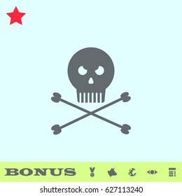 Jolly roger icon flat. Grey pictogram on blue background. Vector illustration symbol and bonus buttons medal, cow, earth, eye, calculator