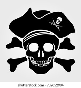 Jolly Roger icon isolated on white background. Skull with Captain Pirate Hat and Cross Bones.