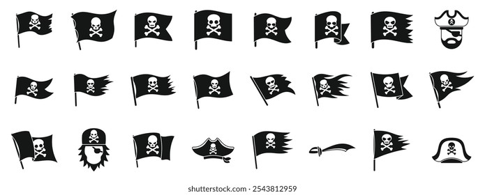 Lustige Roger-Symbole gesetzt. Schwarz-weißes Icon-Set mit verschiedenen Darstellungen von Piratenflaggen, Schädeln, Kreuzknochen, Tricornhüten und Schnittbildern, ideal für Piraterie, Abenteuer