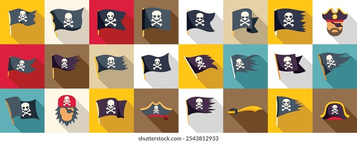 Jolly roger icons set. Set of pirate flags with skull and crossbones, jolly roger, tricorn hat, and cutlass icons