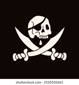 Jolly Roger logo. Skull with eyepatch, crossed swords. Hand drawn modern Vector illustration. Isolated design element. Sticker, logo, icon, print, design template. Sea adventures, piracy concept