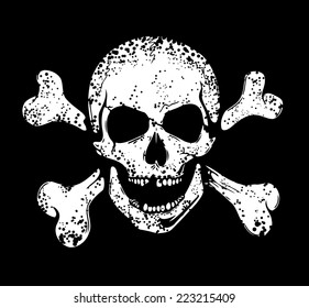 Jolly Roger on black background. Human dead head with crossed bones.