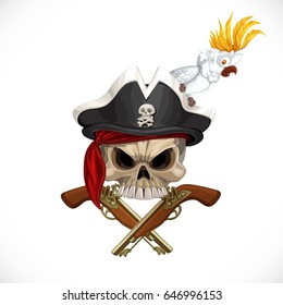Jolly Roger in pirat hat with white parrot and with pistols isolated on a white background