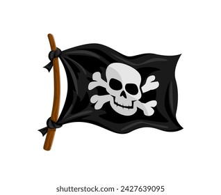 Jolly Roger pirate flag, black banner with skull and crossbones, fluttering in the wind. Isolated cartoon vector corsair pennant with sinister cranium, symbol of high seas adventure, danger and thrill