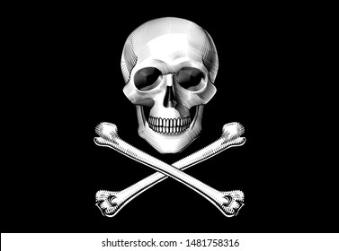 Jolly Roger, pirate flag. Skull and crossbones.  Horror and anatomy retro concept. Vintage engraving stylized drawing. Vector illustration