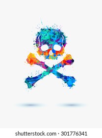 Jolly Roger pirate flag Skull. Vector watercolor splash illustration.