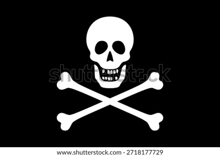 Jolly Roger, pirate flag with skull and crossbones on a black field. Ensign flown by a pirate ship preceding or during an attack. Modeled after an authentic Barbary Corsairs flag of the 19th century.