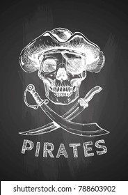Jolly Roger. Pirate flag. Vector illustration of pirates skull with two cross swords in ink hand drawn style on black background.