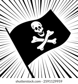 Jolly Roger Pirate Flag Waving with Skull and Crossbones Black and White Vector Illustration with Dramatic Speed Lines