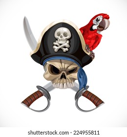 Jolly Roger in pirate hat and with sabers and red parrot