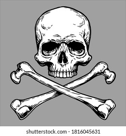 Jolly Roger Pirate skull head and crossed bones symbol.