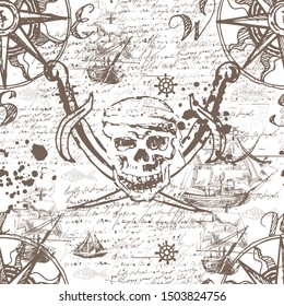 Jolly Roger. Pirate skull with sabers, sailboats, ships, helm, wind rose and handwritten font. Seamless pattern. Grunge vintage image.