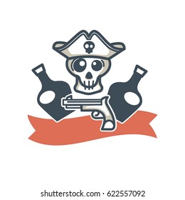 Jolly Roger pirate vector icon flag skull and whiskey bottle