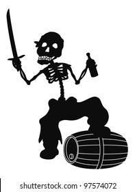 Jolly Roger, pirate - zombie skeleton with a saber, a bottle of wine and a barrel, black silhouette on white background. Vector