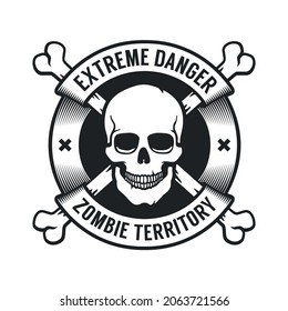 Jolly Roger retro sign of danger. Skull and bones in round badge with ribbons. Vector illustration.