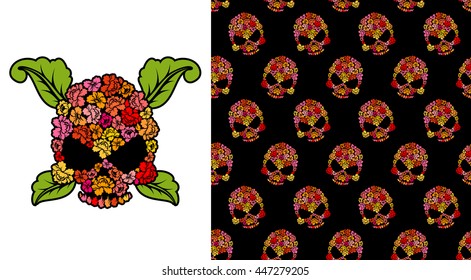 Jolly Roger of roses. Flower skull. Pattern skulls. Vector illustration