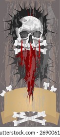 Jolly Roger with a scroll on a gray background with smudges of blood