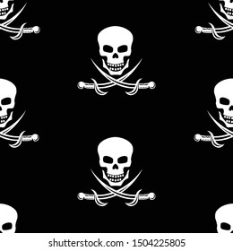 Jolly Roger. Seamless pattern with the image of a skull with sabers on a black background