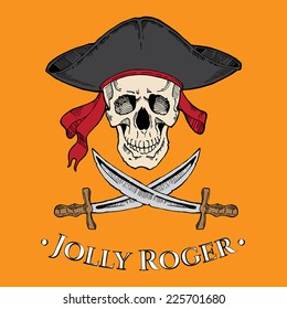Jolly Roger skull in the cocked hat with two blades on the yellow background