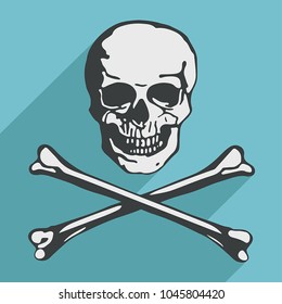 Jolly Roger skull and crossbones pirate vector icon illustration.