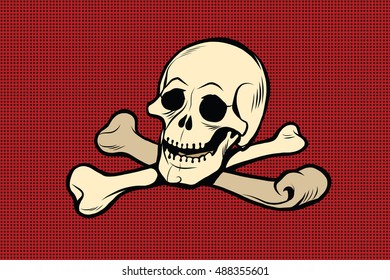 Jolly Roger. The skull and crossbones. The skeleton is the symbol of pirates and Halloween, pop art retro vector illustration