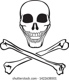 Jolly Roger. Skull with crossed bones. Monochrome vector, isolated, stylized image.