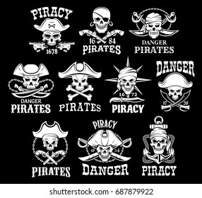 Jolly Roger skulls or pirate skeleton head icons on black flag background. Vector isolated piracy symbols of captain skull in tricorn sailor hat, crossed bones, swords or sabers and anchors