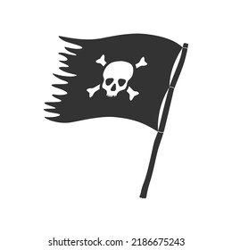 Jolly Roger symbol. Pirate flag with white skull and bones isolated on black background. Vector illustration